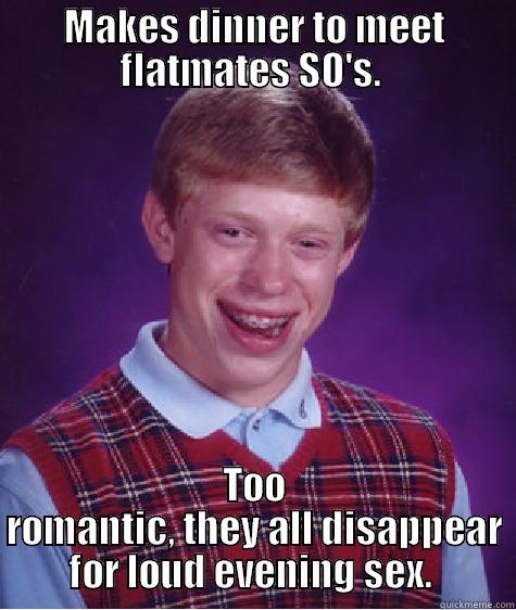 MAKES DINNER TO MEET FLATMATES SO'S.  TOO ROMANTIC, THEY ALL DISAPPEAR FOR LOUD EVENING SEX.  Bad Luck Brian