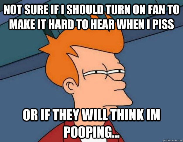 not sure if I should turn on fan to make it hard to hear when I piss or if they will think Im pooping...  NOT SURE IF IM HUNGRY or JUST BORED
