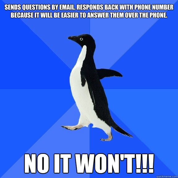 Sends questions by email. Responds back with phone number because it will be easier to answer them over the phone.   NO IT WON'T!!! - Sends questions by email. Responds back with phone number because it will be easier to answer them over the phone.   NO IT WON'T!!!  Socially Awkward Penguin