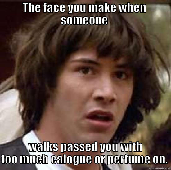THE FACE YOU MAKE WHEN SOMEONE  WALKS PASSED YOU WITH TOO MUCH CALOGNE OR PERFUME ON. conspiracy keanu