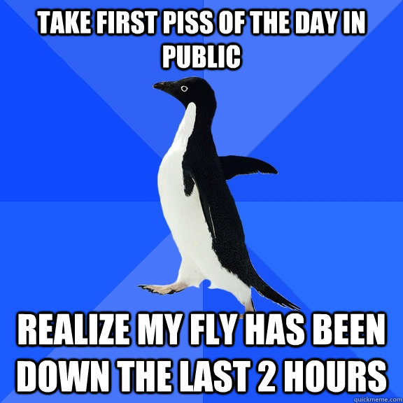 Take first piss of the day in public realize my fly has been down the last 2 hours  Socially Awkward Penguin