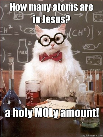 How many atoms are
in Jesus? a holy MOLy amount!  Chemistry Cat
