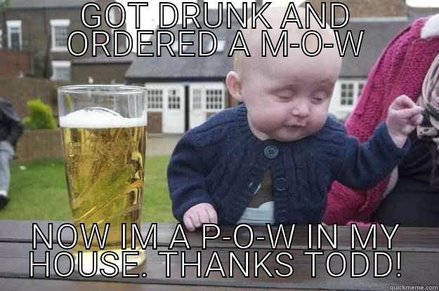 GOT DRUNK AND ORDERED A M-O-W NOW IM A P-O-W IN MY HOUSE. THANKS TODD! drunk baby