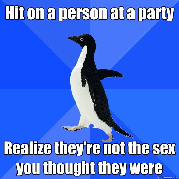 Hit on a person at a party Realize they're not the sex you thought they were  Socially Awkward Penguin