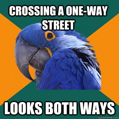 Crossing a one-way street Looks both ways - Crossing a one-way street Looks both ways  Paranoid Parrot