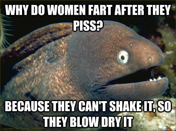 why do women fart after they piss? because they can't shake it, so they blow dry it - why do women fart after they piss? because they can't shake it, so they blow dry it  Bad Joke Eel
