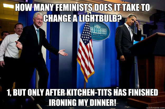 How many feminists does it take to change a lightbulb? 1, but only after kitchen-tits has finished ironing my dinner! - How many feminists does it take to change a lightbulb? 1, but only after kitchen-tits has finished ironing my dinner!  90s were better Clinton