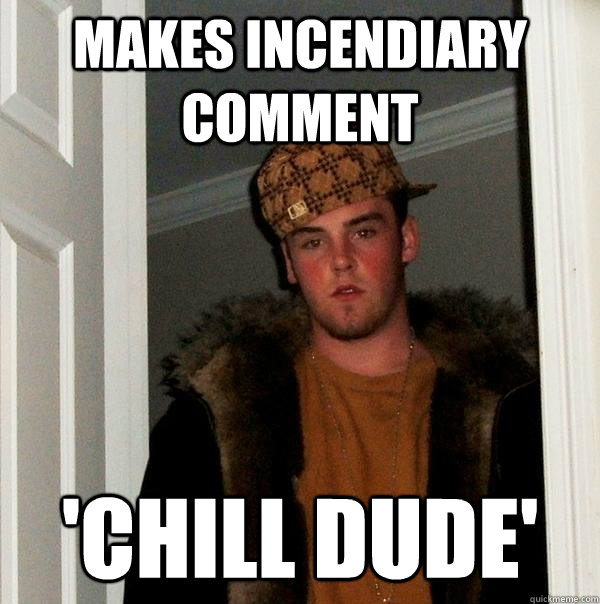 Makes Incendiary comment  'Chill Dude'  Scumbag Steve