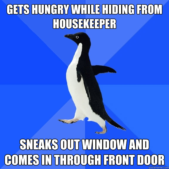 Gets hungry while hiding from housekeeper Sneaks out window and comes in through front door  Socially Awkward Penguin
