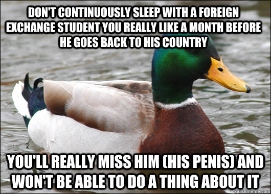 Don't continuously sleep with a foreign exchange student you really like a month before he goes back to his country You'll really miss him (his penis) and won't be able to do a thing about it  Actual Advice Mallard