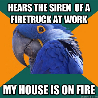 hears the siren  of a firetruck at work my house is on fire  Paranoid Parrot