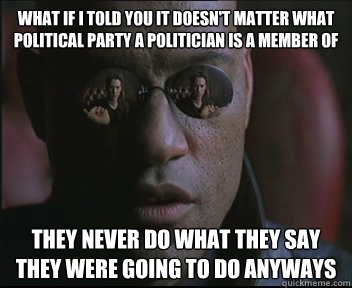 What if I told you it doesn't matter what political party a politician is a member of they never do what they say they were going to do anyways  Morpheus SC