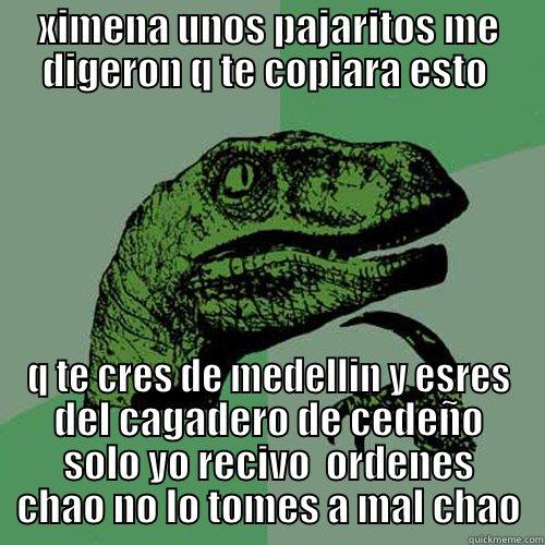 XIMENA UNOS PAJARITOS ME DIGERON Q TE COPIARA ESTO  Q TE CRES DE MEDELLIN Y ESRES DEL CAGADERO DE CEDEÑO SOLO YO RECIVO  ORDENES CHAO NO LO TOMES A MAL CHAO Philosoraptor