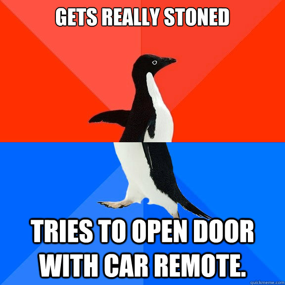 gets really stoned  tries to open door with car remote. - gets really stoned  tries to open door with car remote.  Socially Awesome Awkward Penguin