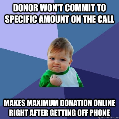 Donor won't commit to specific amount on the call Makes maximum donation online right after getting off phone  Success Kid