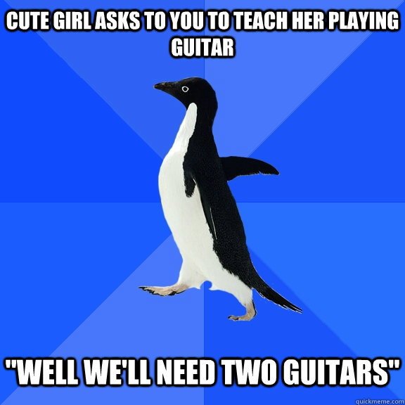 Cute girl asks to you to teach her playing guitar   