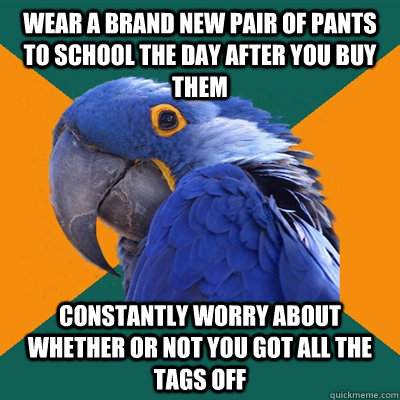 Wear a brand new pair of pants to school the day after you buy them Constantly worry about whether or not you got all the tags off  Paranoid Parrot