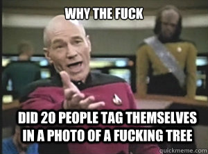 why the fuck did 20 people tag themselves in a photo of a fucking tree  Annoyed Picard