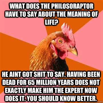 What does the philosoraptor have to say about the meaning of life? He aint got shit to say. Having been dead for 65 million years does not exactly make him the expert now does it. You should know better.  Anti-Joke Chicken