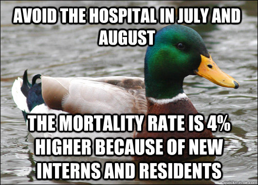 Avoid the hospital in July and August The mortality rate is 4% higher because of new interns and residents - Avoid the hospital in July and August The mortality rate is 4% higher because of new interns and residents  Actual Advice Mallard
