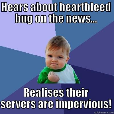 HEARS ABOUT HEARTBLEED BUG ON THE NEWS... REALISES THEIR SERVERS ARE IMPERVIOUS! Success Kid