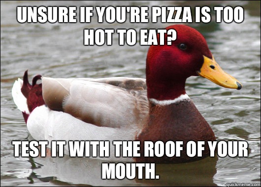 Unsure if you're pizza is too hot to eat? Test it with the roof of your mouth.  Malicious Advice Mallard