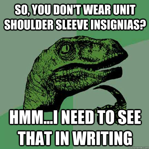 so, you don't wear unit shoulder sleeve insignias? hmm...i need to see that in writing  Philosoraptor