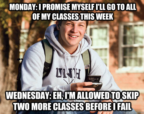 Monday: I Promise myself i'll go to all of my classes this week Wednesday: eh, i'm allowed to skip two more classes before i fail  College Freshman