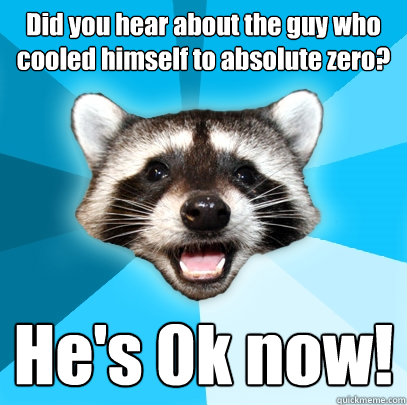 Did you hear about the guy who cooled himself to absolute zero? He's 0k now!  Lame Pun Coon