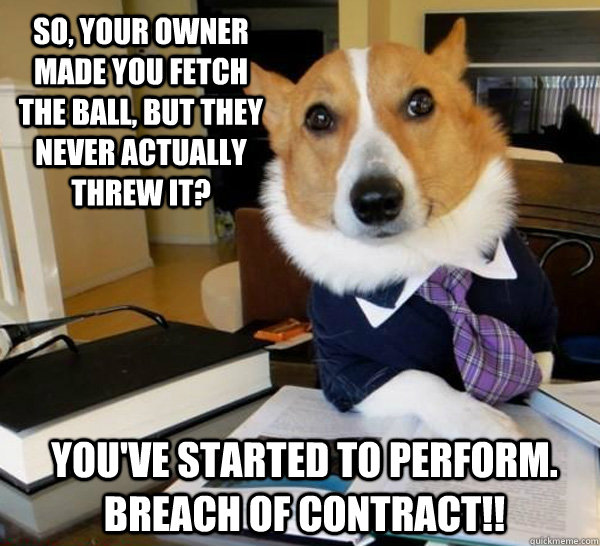 So, your owner made you fetch the ball, but they never actually threw it? You've started to perform. BREACH of contract!!  Lawyer Dog