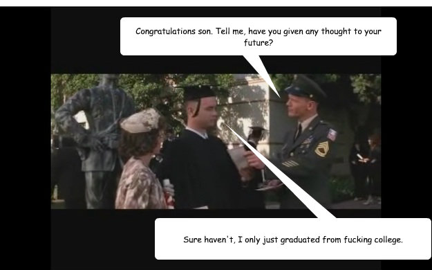 Congratulations son. Tell me, have you given any thought to your future? Sure haven't, I only just graduated from fucking college.  - Congratulations son. Tell me, have you given any thought to your future? Sure haven't, I only just graduated from fucking college.   Forrest