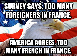 Survey says, too many foreigners in France. America Agrees, Too many French in France. - Survey says, too many foreigners in France. America Agrees, Too many French in France.  American eagle and flag