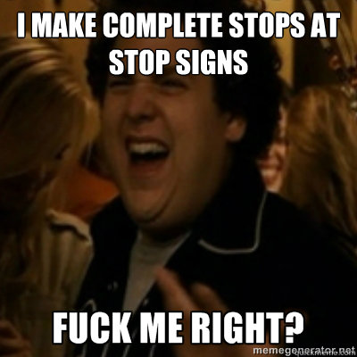 I make complete stops at stop signs  fuck me right