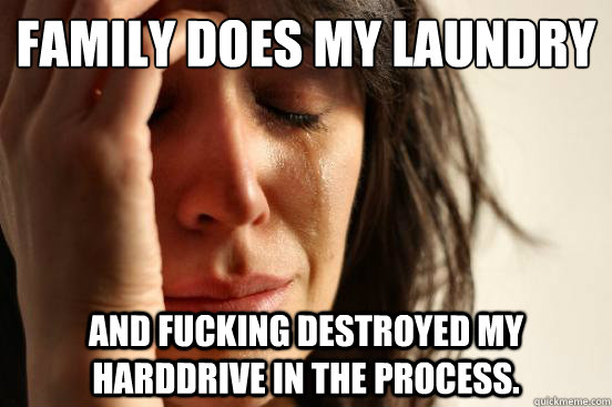 Family does my laundry and fucking destroyed my harddrive in the process.  First World Problems