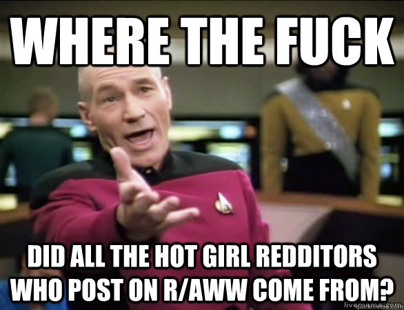 where the fuck did all the hot girl redditors who post on r/aww come from?  Annoyed Picard HD