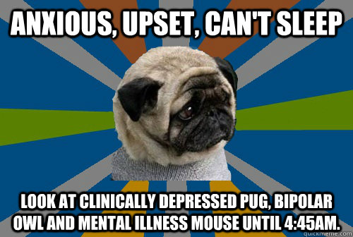 Anxious, upset, can't sleep look at Clinically Depressed Pug, BiPolar Owl and Mental Illness Mouse until 4:45am.  Clinically Depressed Pug