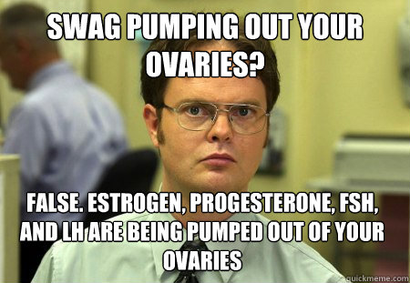 Swag Pumping out your ovaries? False. Estrogen, Progesterone, FSH, and LH are being pumped out of your ovaries  Dwight