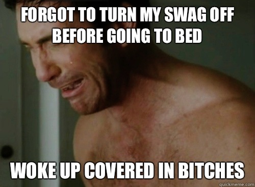 Forgot to turn my swag off before going to bed Woke up covered in bitches  