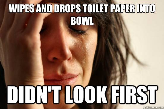 Wipes and drops Toilet paper into bowl Didn't look first  First World Problems