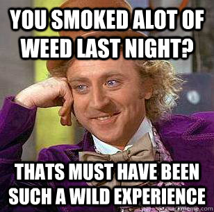 YOU SMOKED ALOT OF WEED LAST NIGHT? THATS MUST HAVE BEEN SUCH A WILD EXPERIENCE  Condescending Wonka