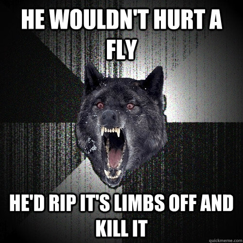 he wouldn't hurt a fly he'd rip it's limbs off and kill it  Insanity Wolf