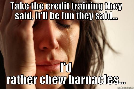 TAKE THE CREDIT TRAINING THEY SAID, IT'LL BE FUN THEY SAID... I'D RATHER CHEW BARNACLES... First World Problems