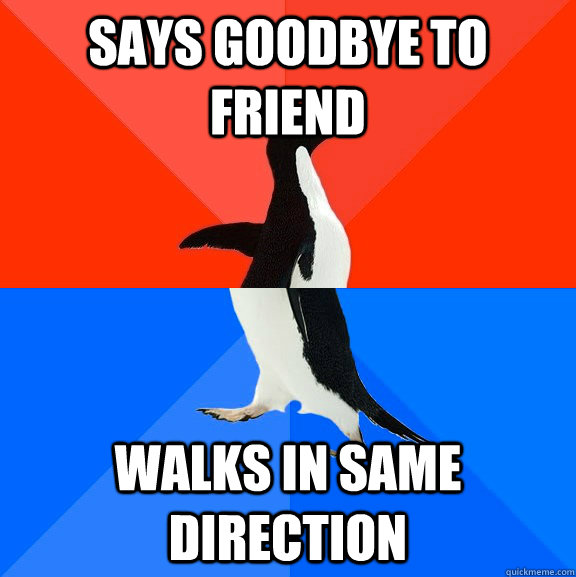 Says Goodbye to friend Walks in same direction  Socially Awesome Awkward Penguin