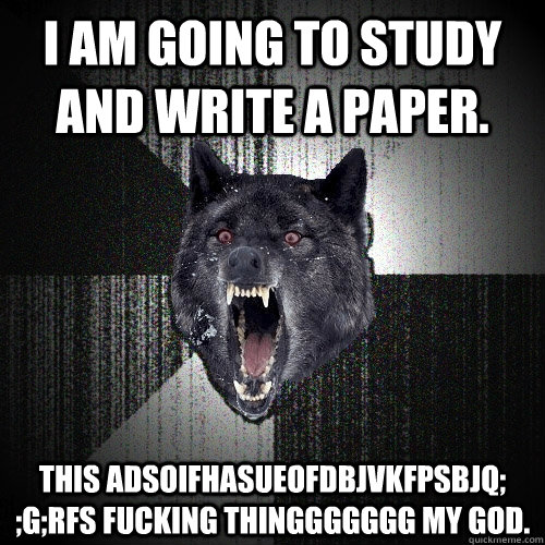 I am going to study and write a paper. this adsoifhasueofdbjvkfpsbjq; ;g;rfs FUCKING THINGGGGGGG MY GOD.  Insanity Wolf