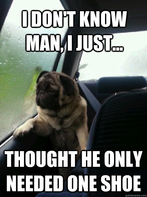 i don't know man, i just... thought he only needed one shoe  Introspective Pug