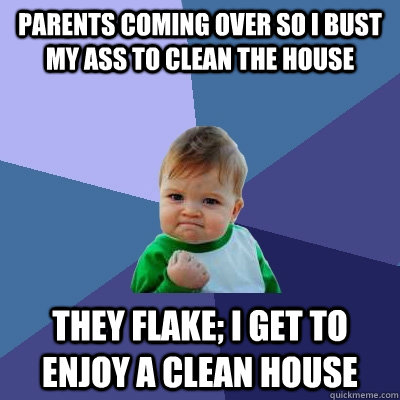 parents coming over so i bust my ass to clean the house they flake; I get to enjoy a clean house  Success Kid