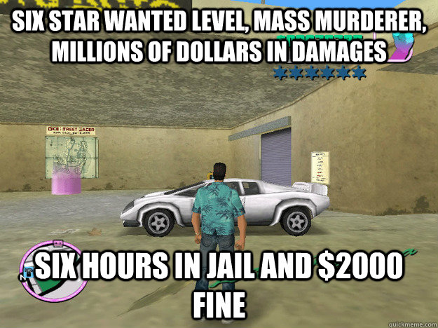 Six star wanted level, mass murderer, millions of dollars in damages Six hours in jail and $2000 fine  GTA LOGIC