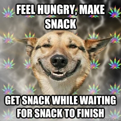 Feel hungry, make snack Get snack while waiting for snack to finish  Stoner Dog