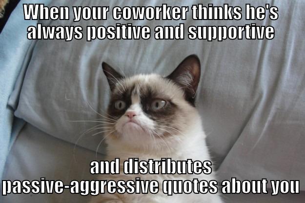 WHEN YOUR COWORKER THINKS HE'S ALWAYS POSITIVE AND SUPPORTIVE AND DISTRIBUTES PASSIVE-AGGRESSIVE QUOTES ABOUT YOU Grumpy Cat