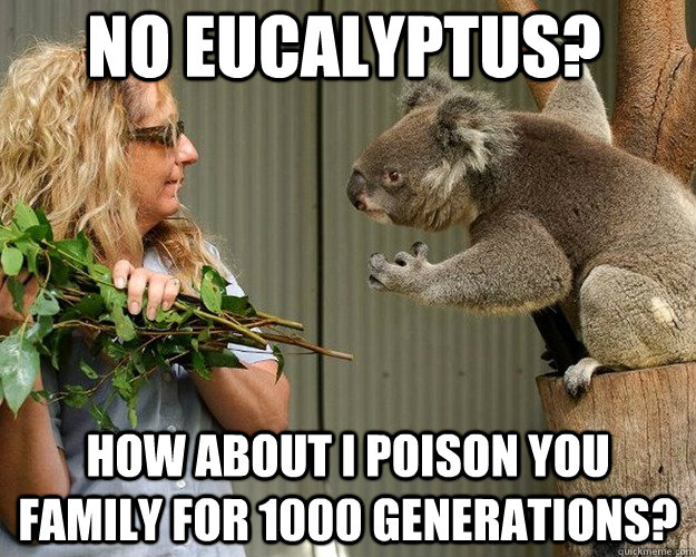 No eucalyptus?  How about I poison you family for 1000 generations?  